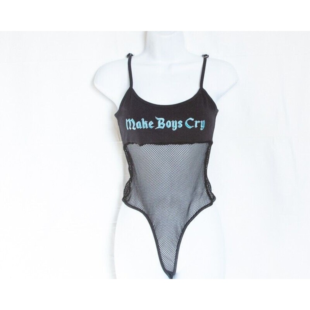 Burning Man VGT Make Boys Cry Graphic Mesh Sexy Bodysuit Black & Blue Women Sz M